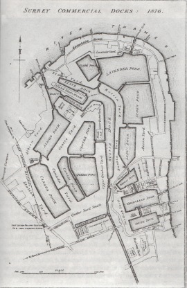 This map shows the expanded South Dock. It dates to 1876 (19 years after the extension of the dock was completed), but shows how South Dock was now comparable in size and capacity with Greenland Dock, before the expansion of the latter in the late 1900s.