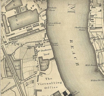 The Greenwood map of 1827, showing the East Country Dock as a long thin finger next to the much wider Greenland Dock